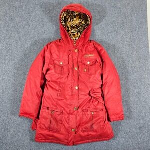 Y2K Baby Phat Graphic Cheetah Print Zip Up Puffer Jacket Red/Gold Womens XL Flaw